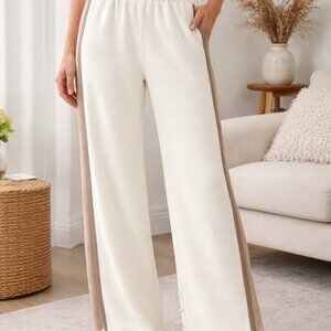 Mystree Wide Leg Lounge Pants | Cream Taupe Side Stripe | Soft Stretch